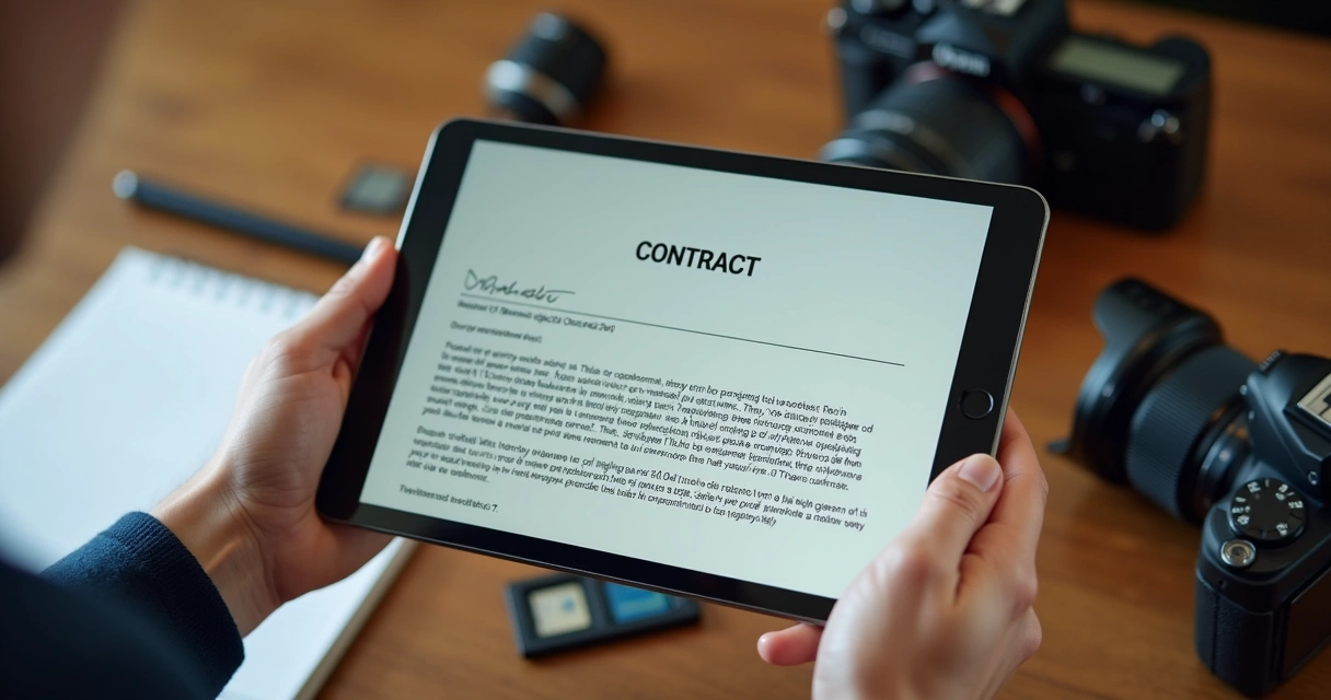 Fotógrafo segurando tablet com contrato digital assinado na tela 