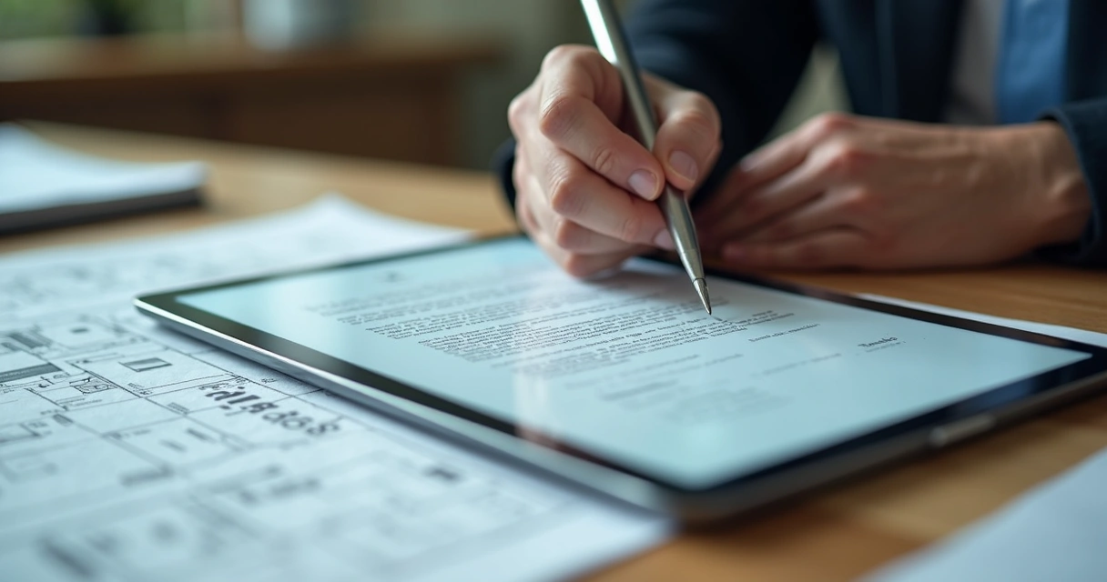 Pessoa assinando contrato digital em tablet com documentos de imóveis em mesa ao fundo