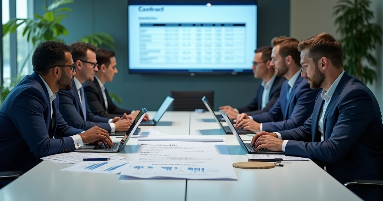 Executivos revisando contrato de reajuste com cálculos fiscais 