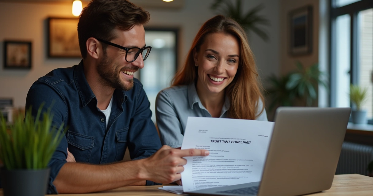 Locador e inquilino juntos analisando contrato digital em notebook