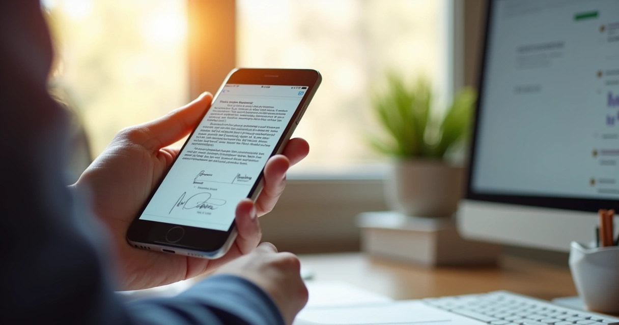 Pessoa assinando contrato digital pelo celular, ambiente de escritório 