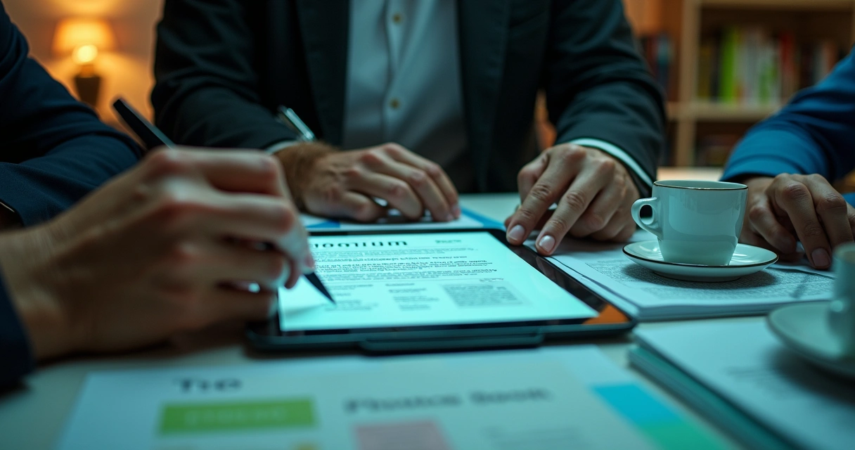 Trabalho remoto nos EUA: regras fiscais para empresas do Brasil 2 Mãos de diferentes pessoas assinando um contrato digital em tablet, com detalhes em verde e azul