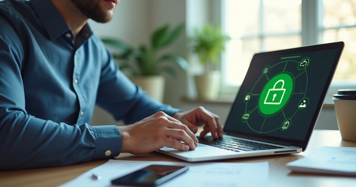 Homem usando computador em site de seguros com cadeado verde ao lado 