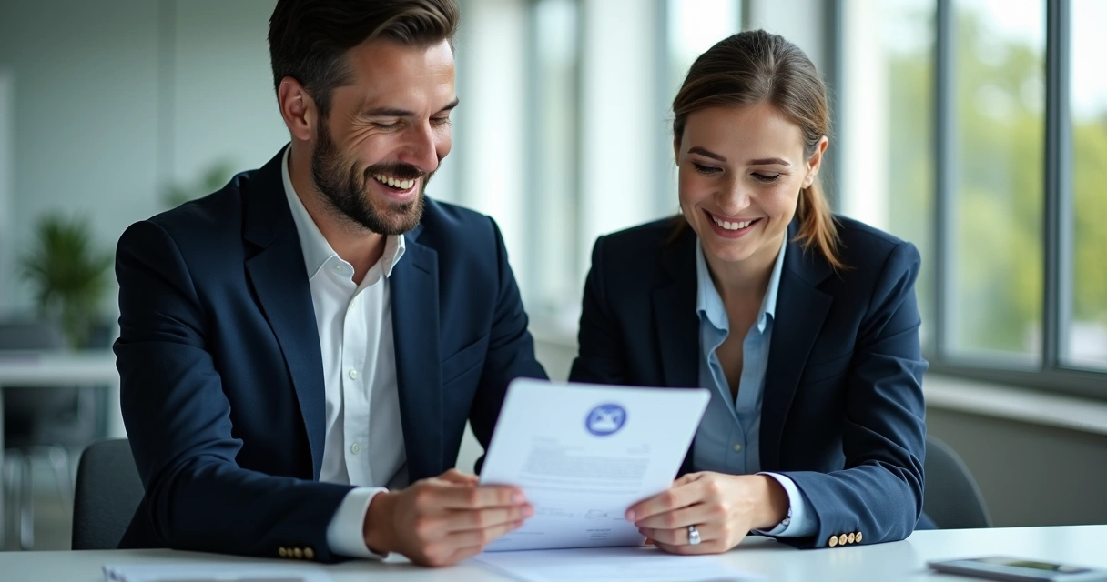 Dois executivos analisando contrato digital em tablet 