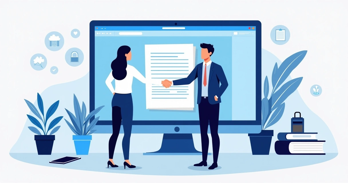 Duas pessoas apertando as mãos diante de um computador com um contrato digital na tela 
