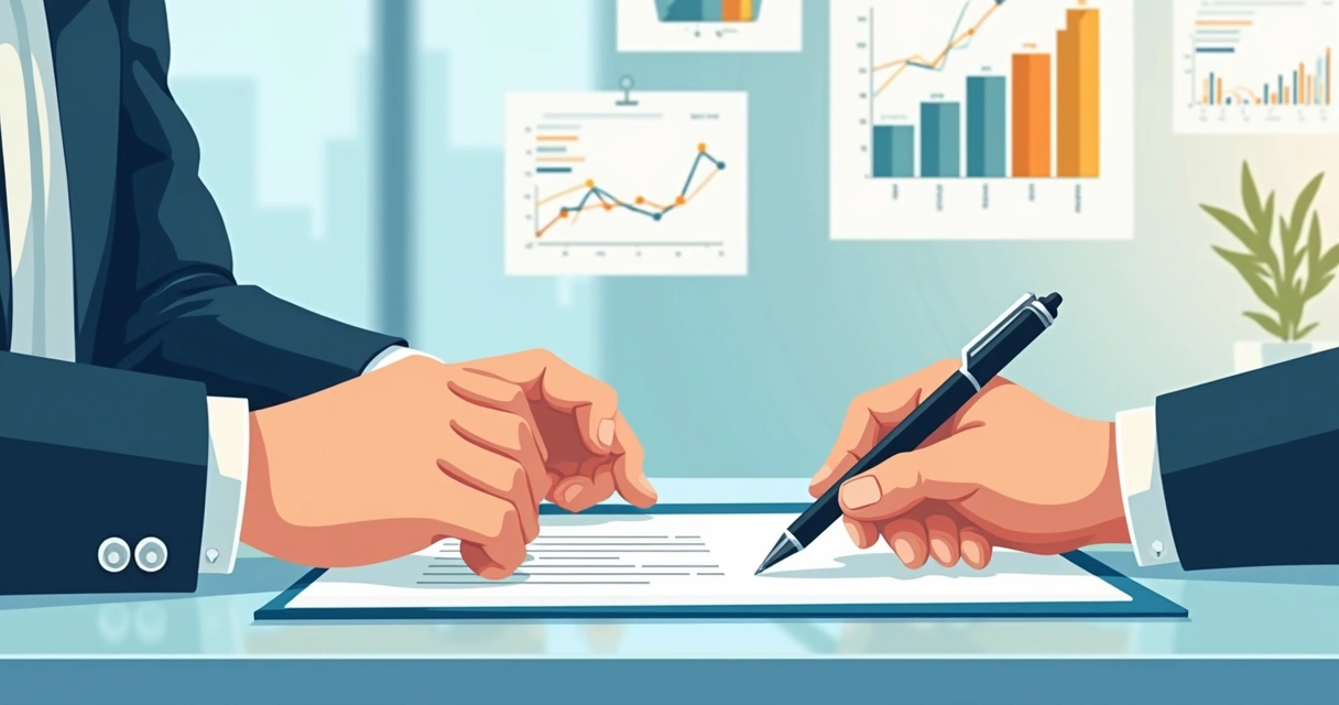 Pessoa digitando contrato em papel em mesa de escritório 