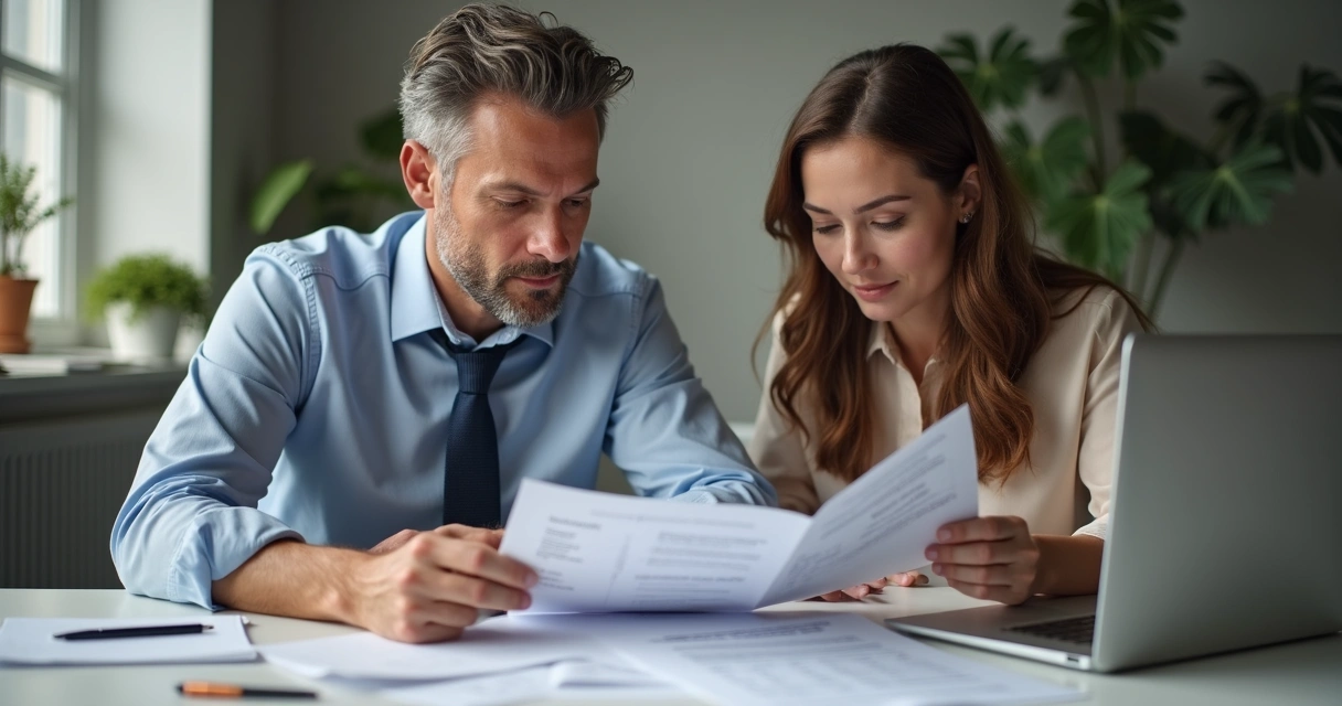 Consultor e cliente conferindo detalhes do contrato de saúde na mesa 