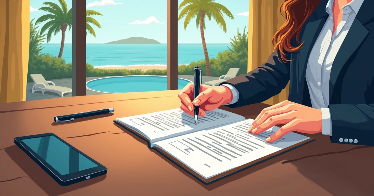 Pessoa lendo contrato de distrato de cota de resort em mesa de madeira, com celular e vista de resort ao fundo.
