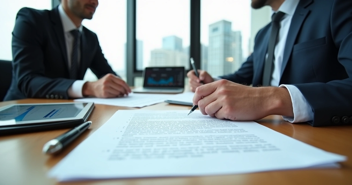 Empresários fechando contrato de distribuição em mesa de reunião com documentos e gráficos 