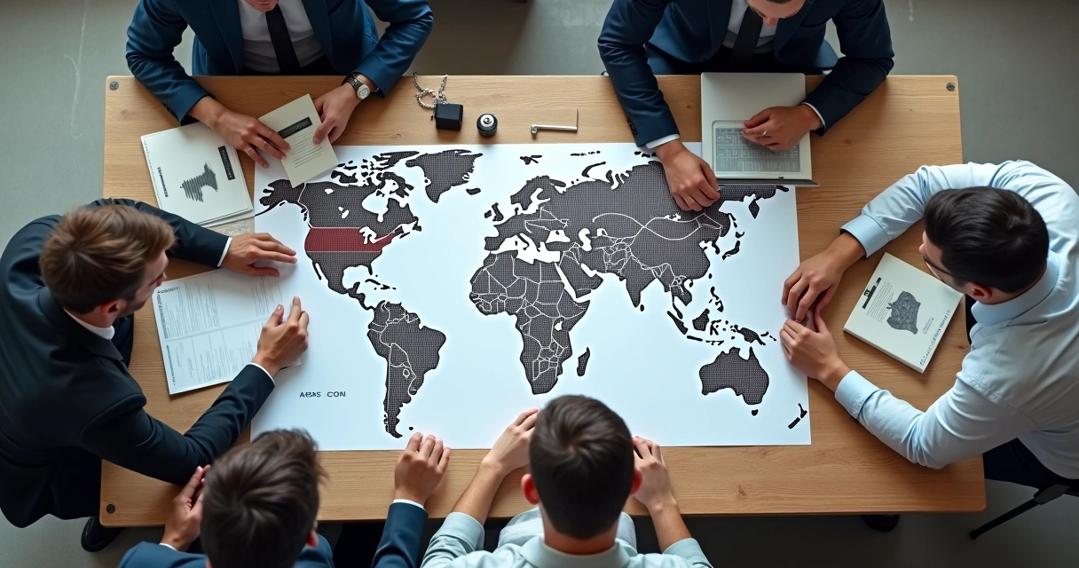 Reunião internacional negociando contrato de distribuição com papéis, laptops e representantes de diferentes países 