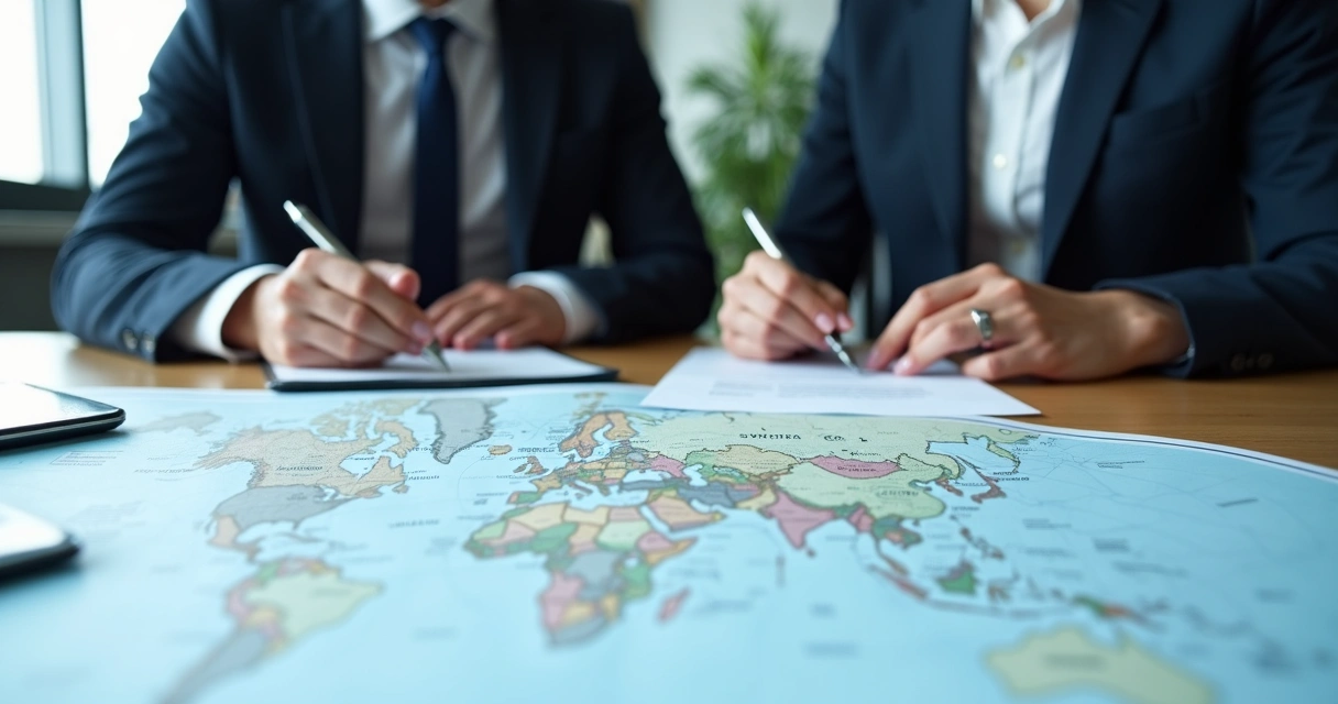 Contrato sendo assinado entre indústria e distribuidor, com mapas sobre a mesa e documentos