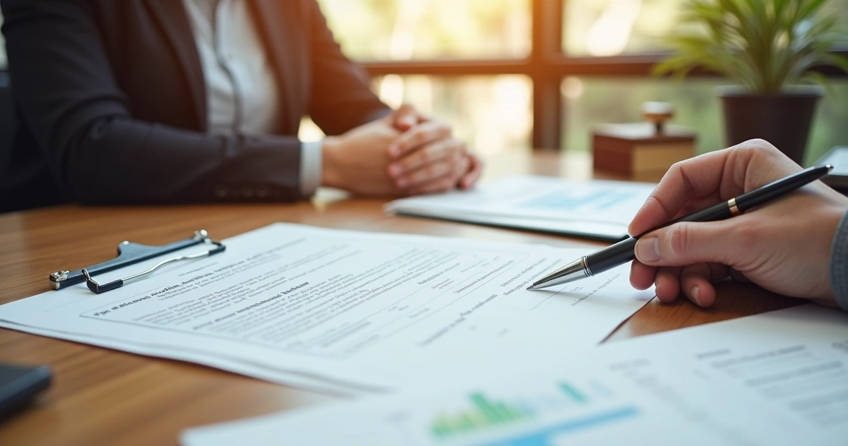 Mãos segurando contrato de compra e venda de imóvel rural sobre mesa de madeira com caneta e carimbo 