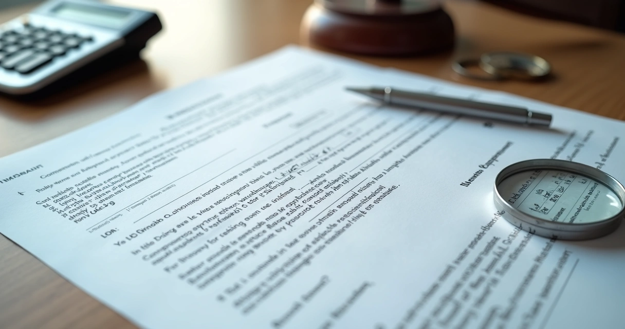 Contrato bancário com calculadora e lupa sobre a mesa 