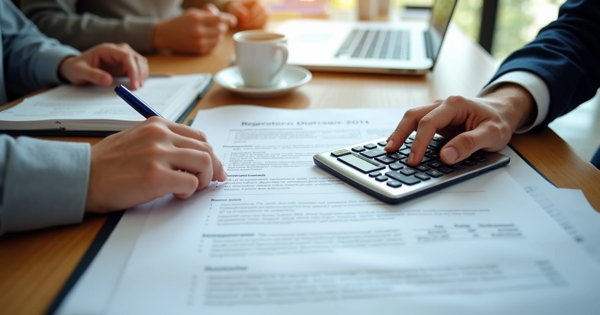 Pessoa analisa contrato de aluguel e calcula reajuste com calculadora ao lado