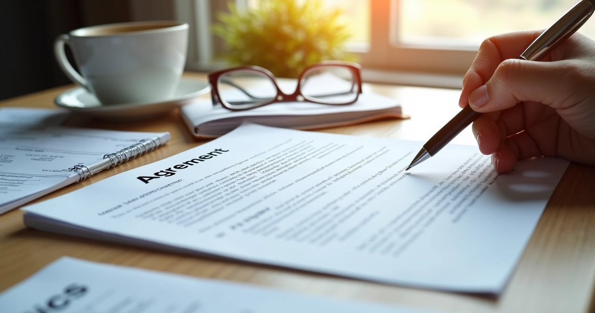 Pessoa revisando um contrato de aluguel com anotações ao lado 