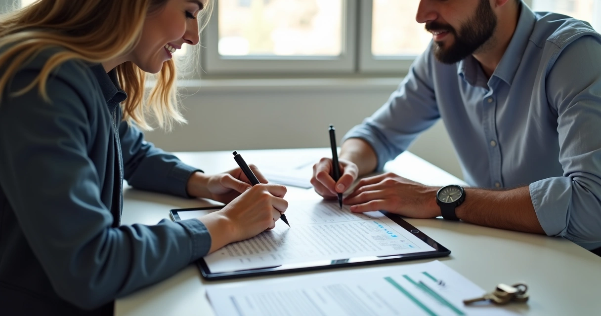 Proprietário e inquilino assinando contrato digital de aluguel 