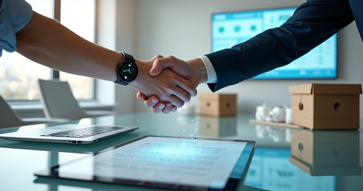 Gestores apertando as mãos diante de tela com contrato eletrônico 