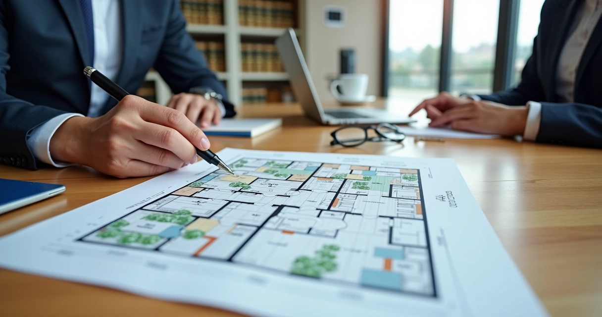 Advogado e cliente analisando contrato de empreendimento imobiliário com planta baixa ao lado 
