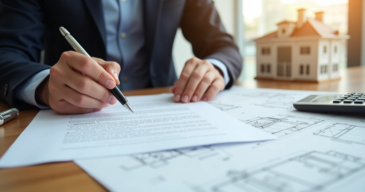 Contrato de venda de imóvel na planta sem registro sobre mesa com mãos segurando caneta 