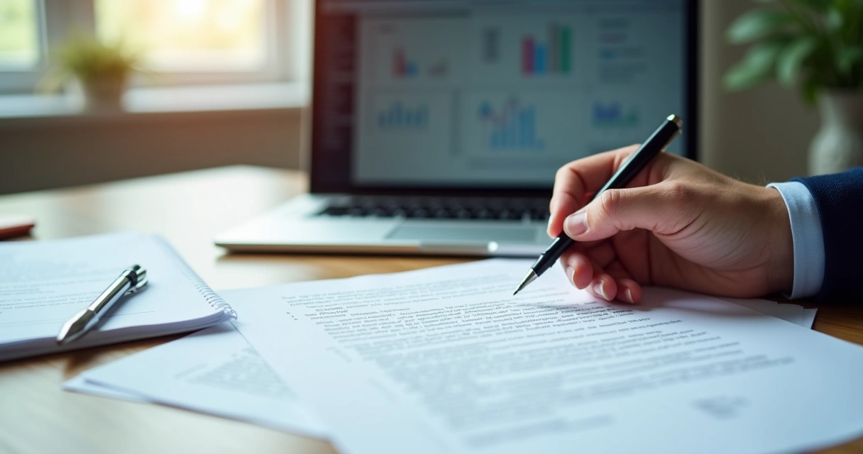 Pessoa analisando um contrato impresso com caneta sobre a mesa 
