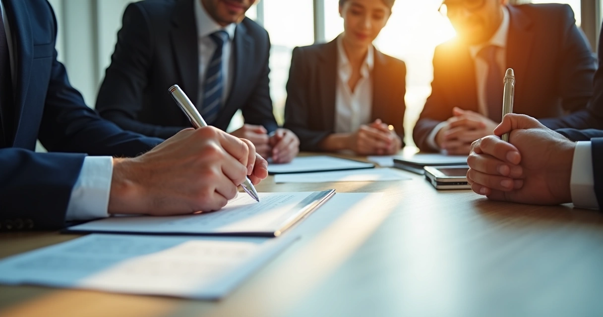Contrato empresarial sendo assinado em mesa de reunião com empresários e advogado 