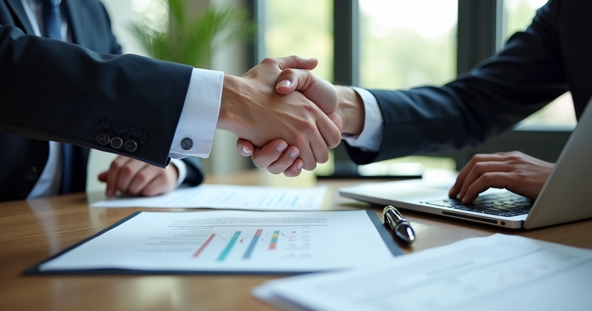 Assinatura de contrato entre empresários em mesa de escritório