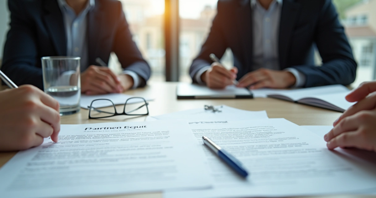 Contrato societário aberto em mesa com pessoas ao redor