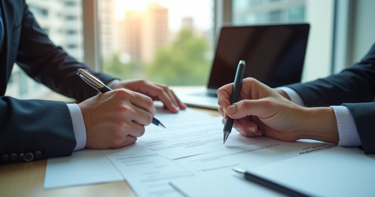 Duas pessoas assinando contrato de prestação de serviço em sala de reunião