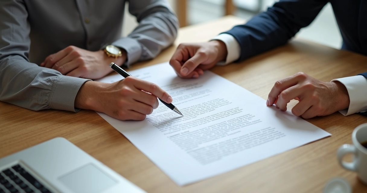 Dois empresários analisando contratos sentados à mesa