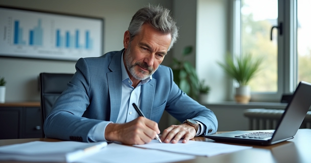 Homem assinando contrato de empréstimo em mesa de escritório, papéis informativos de crédito ao redor