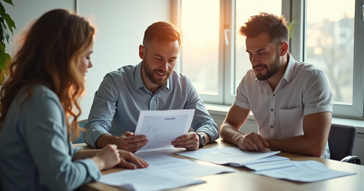 Duas pessoas analisando contrato de energia, sentadas em mesa com notebook e documentos 