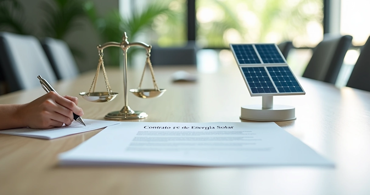 Cliente assinando contrato de energia solar ao lado de balança de justiça e mini usina fotovoltaica 