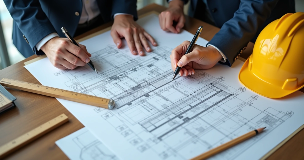 Duas mãos firmando contrato com caneta sobre projeto de engenharia 