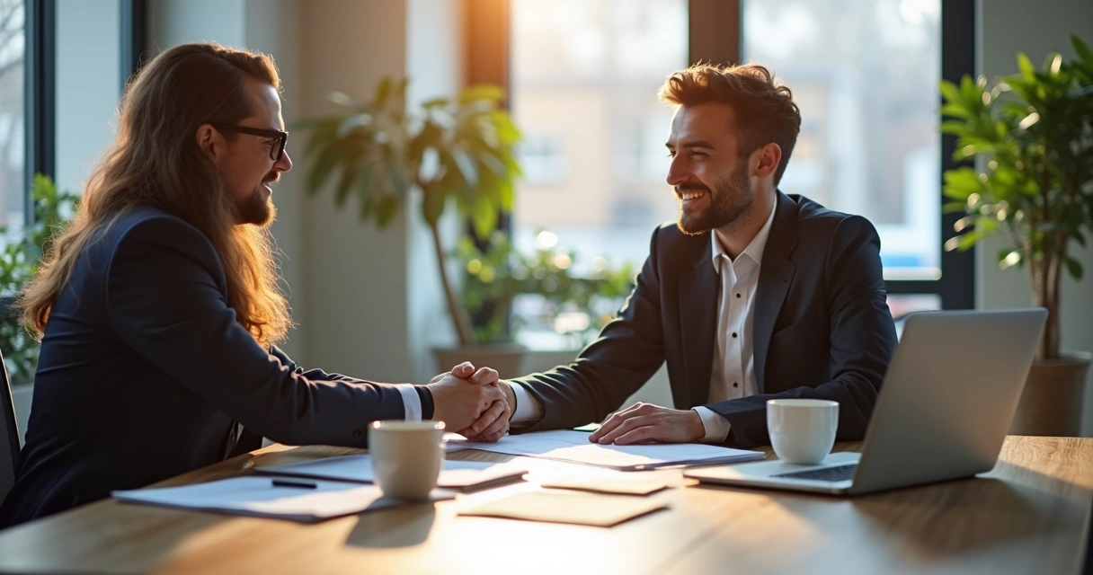 Duas pessoas assinando um contrato em uma mesa moderna de startup, papéis e notebooks espalhados