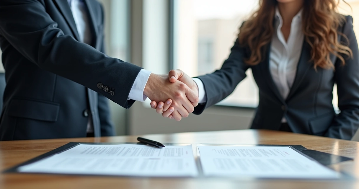 Duas pessoas apertando as mãos em uma mesa de reunião, contrato e caneta entre elas. 
