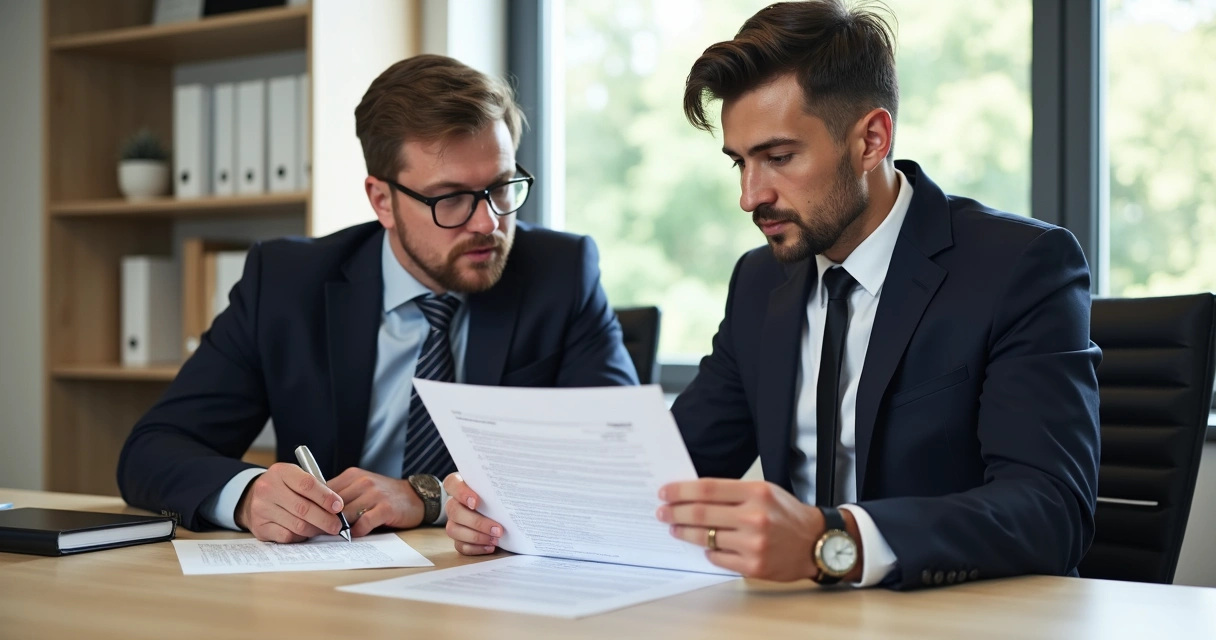 Empresário e advogada analisando contrato escolar em escritório 