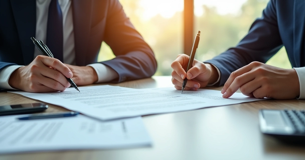 Duas pessoas assinando contrato de escrow com caneta em mãos 