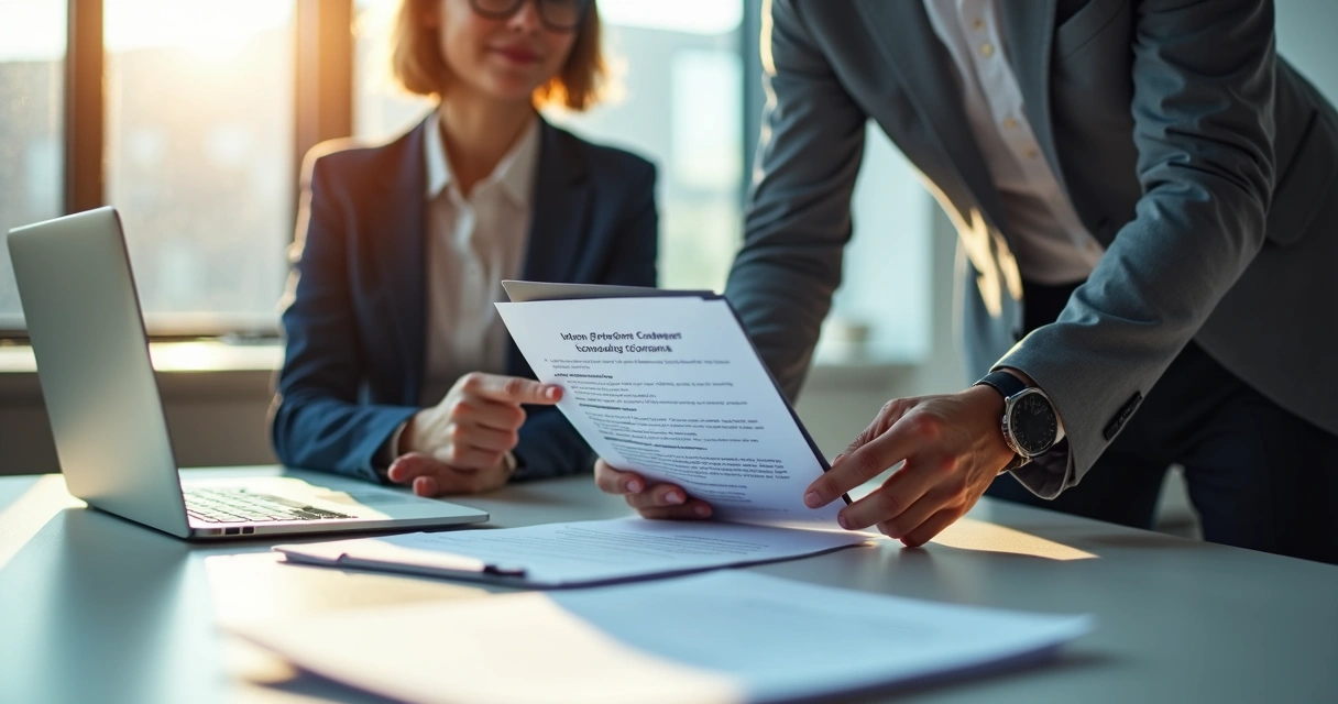 Mesa de escritório com dois supervisores analisando documentos de estágio 