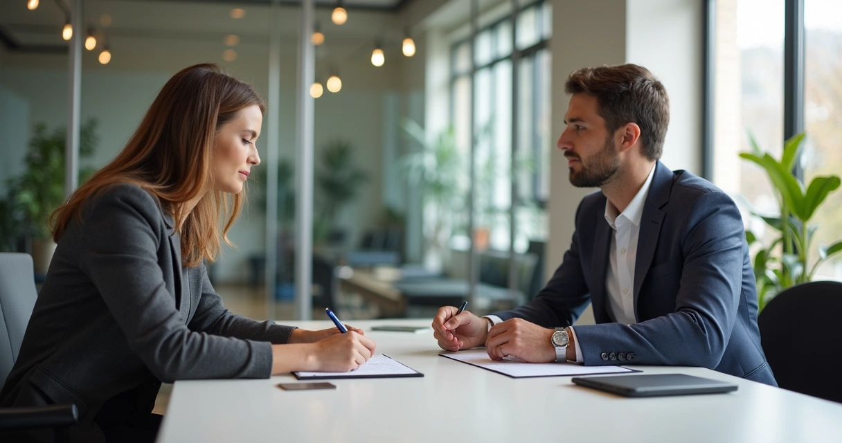 Duas pessoas assinando um contrato sobre mesa de escritório 