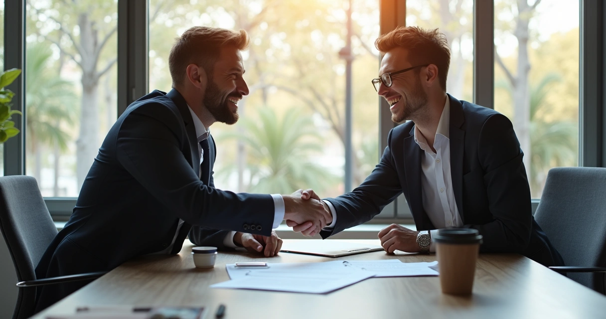 Duas pessoas apertando as mãos e assinando um contrato em uma mesa com documentos, caneta e xícara de café 