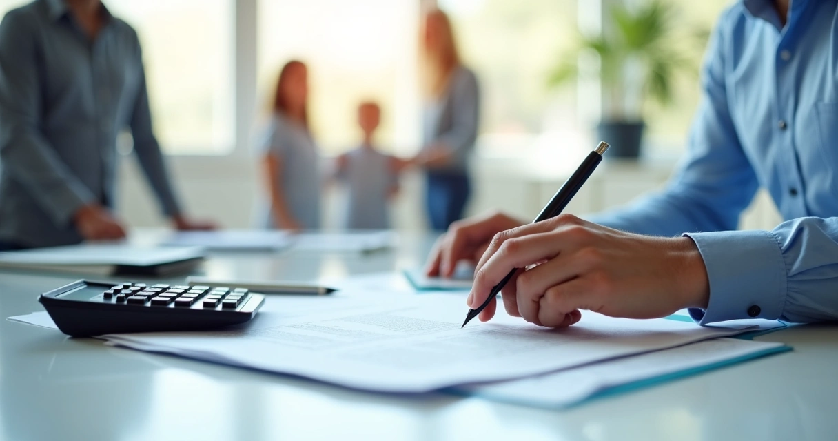 Pessoa analisando contrato de seguro de vida em mesa de escritório com família ao fundo 