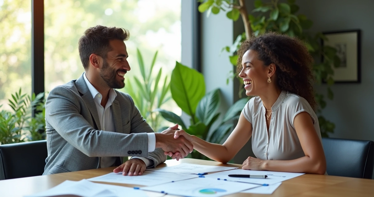 Empresários apertando as mãos em uma mesa de reunião com contrato assinado na mesa 