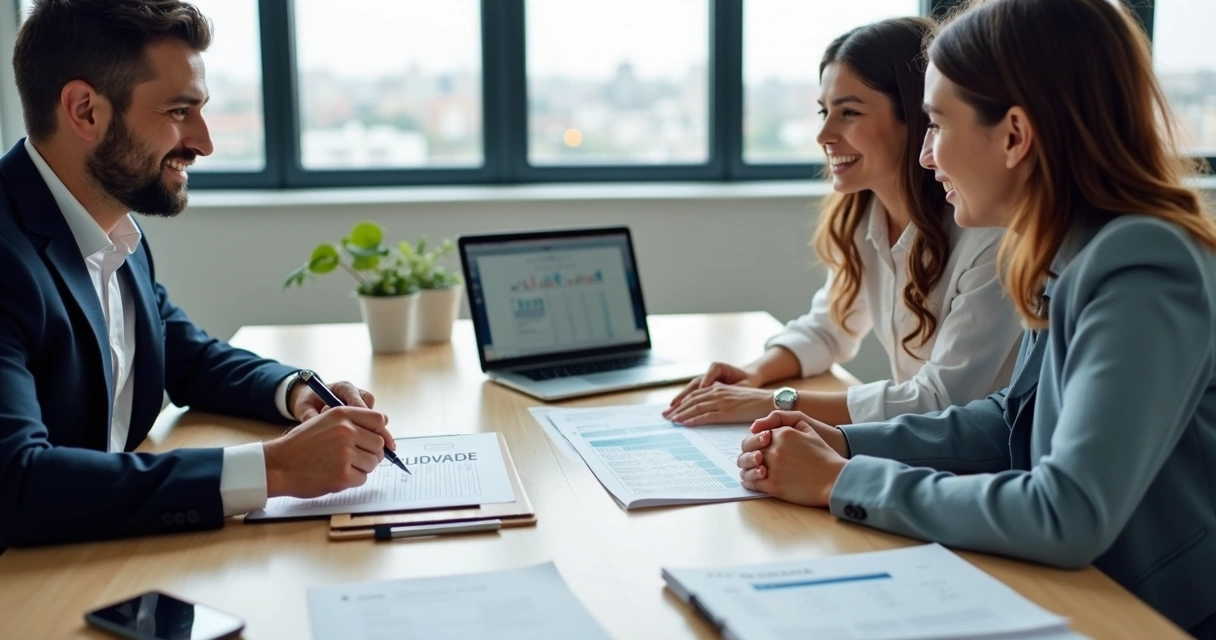 Consultor explicando contrato de fidelidade de plano de saúde para casal em escritório 