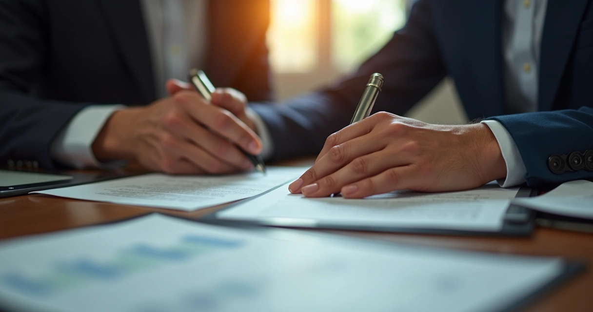 Mãos segurando contrato financeiro com lupa destacando cláusulas duvidosas 