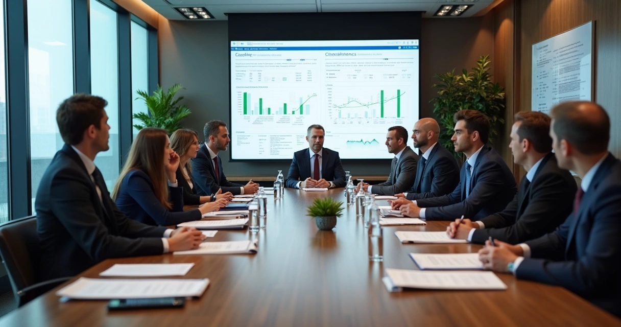 Reunião com empresários e advogados analisando contratos financeiros 