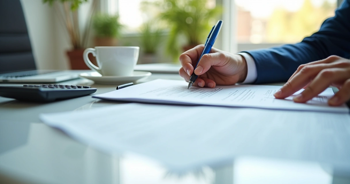 Pessoa assinando contrato de financiamento com caneta azul