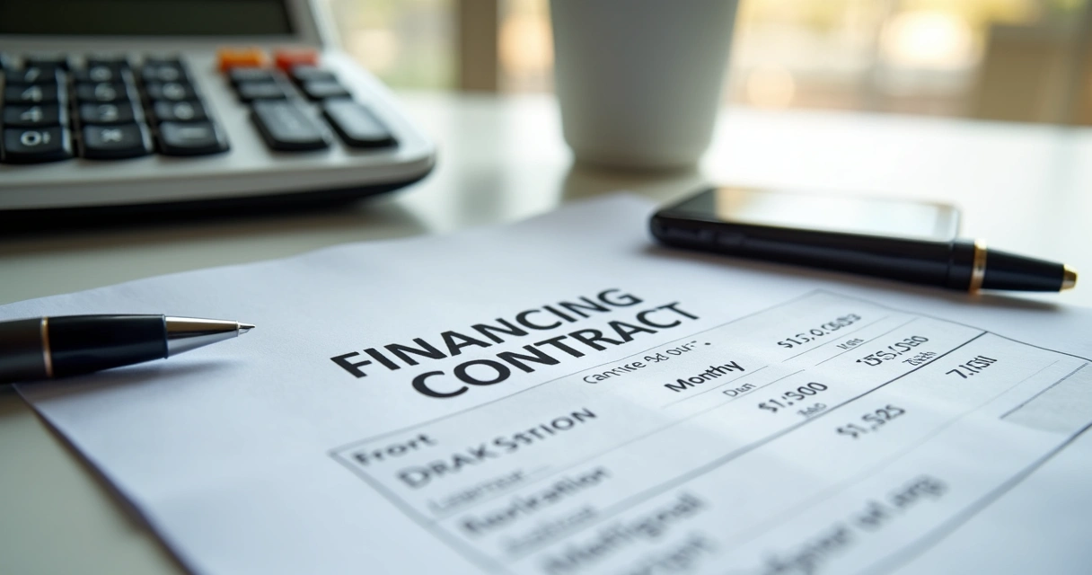 Contrato de financiamento com calculadora e parcelas destacadas