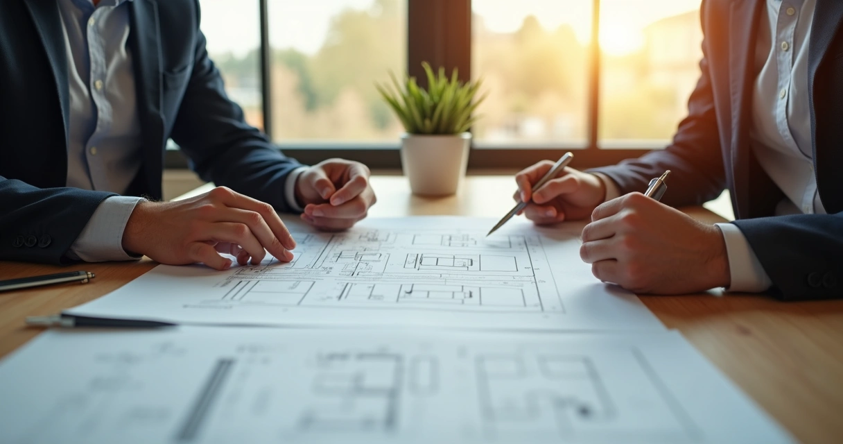 Pessoa lendo contrato de financiamento imobiliário junto a plantas de casa