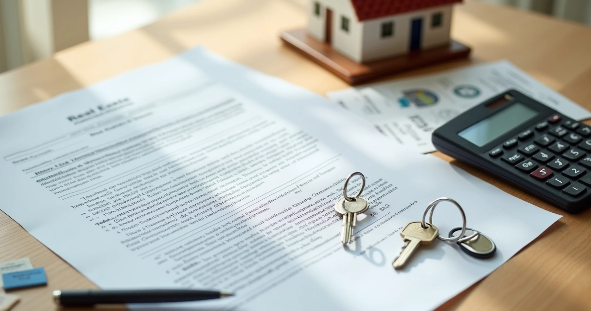 Contrato imobiliário com chaves e calculadora sobre a mesa 