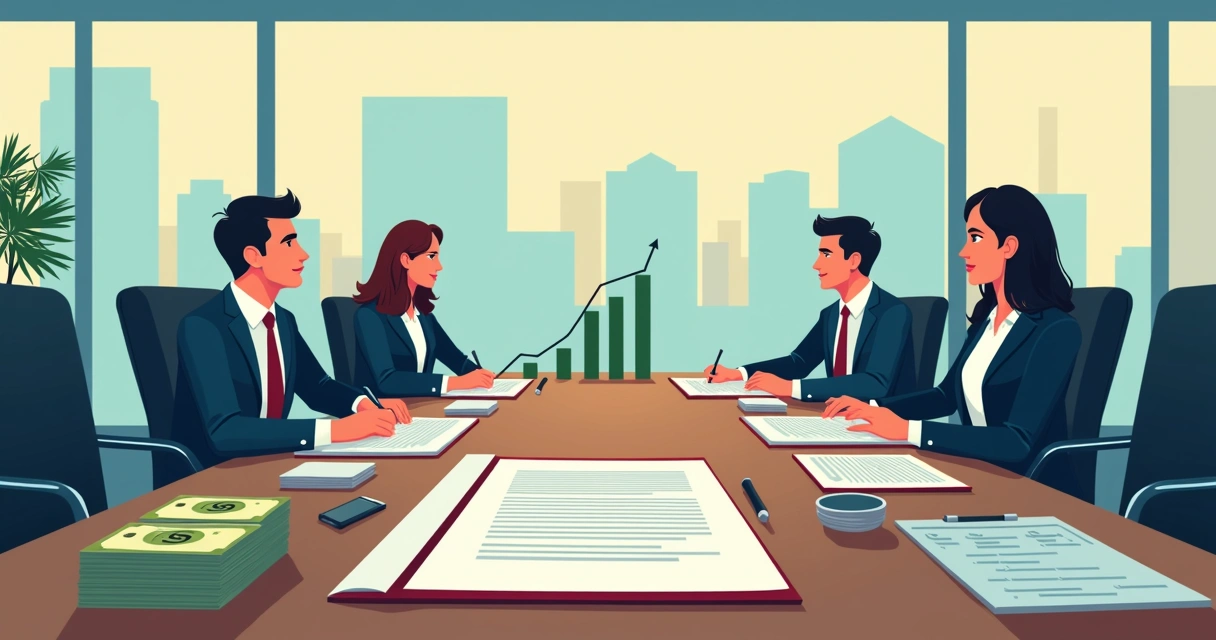 Signing a real estate financing contract on a table with graphs of rates and dollars highlighted